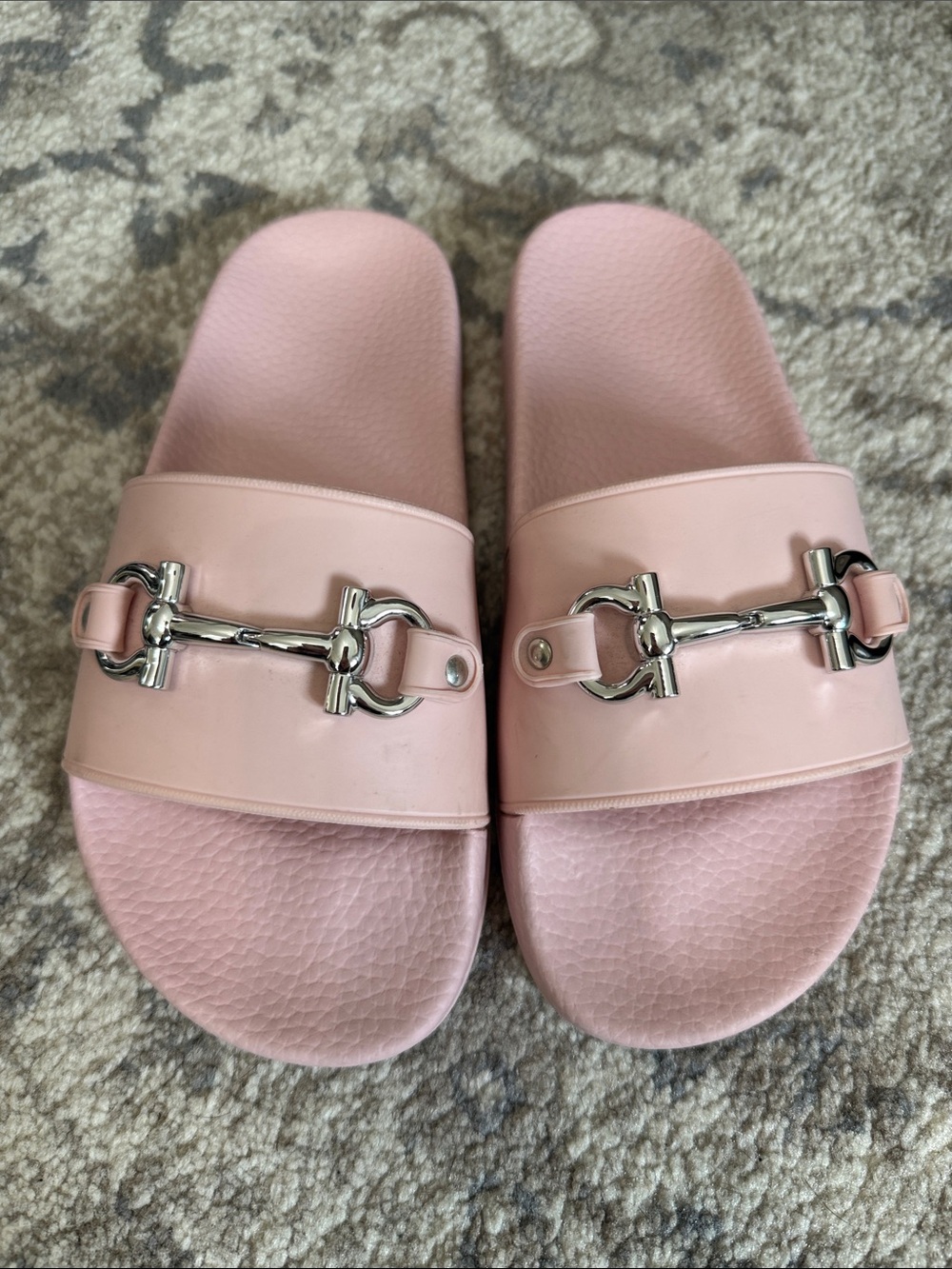 Salvatore Ferragamo Pink Leather Horsebit Slide Sandals